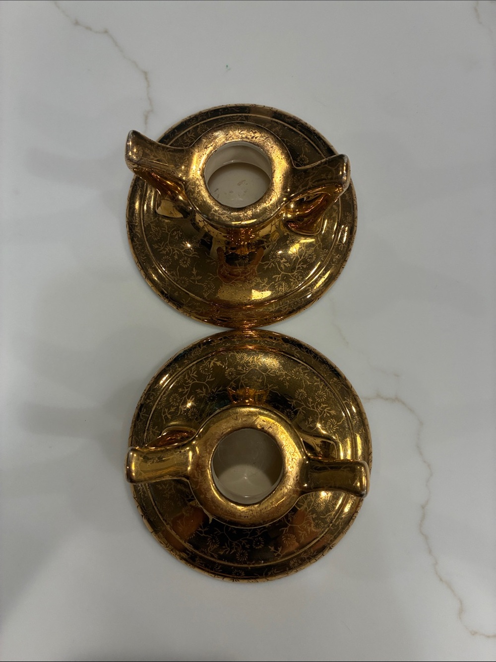 22 K Gold Plated Vintage Ceramic Double-Handled Candle Holders - Picture 6 of 8